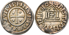 CAROLINGIENS, Louis le Pieux (814-840), AR denier au temple, 822/823-840. D/ + HLVDOVVICVS IMP Croix cantonnée de quatre globules. R/ XPISTIΛNΛ RELIGI...