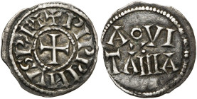 CAROLINGIENS, Pépin II, roi d'Aquitaine (839-852), AR obole, Aquitaine. D/ + PIPPIVS REX Croix pattée. R/ AQVI/·/TANIA. M.G. 601; Prou 659; M.E.C. I,...