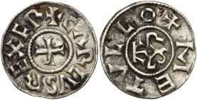 CAROLINGIENS, Charles le Chauve (840-877), AR denier, avant 845, Melle. D/ + CΛRLVS REX FR Croix pattée. R/ + METVLLO Monogramme carolin. M.G. 1063; P...