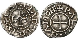 CAROLINGIENS, Charles le Chauve (840-877), AR denier, 864-877, atelier du Palais. D/ + CΛRTIΛ D-I REX Monogramme carolin. R/ + PΛLΛTINΛ MONE (N et E l...