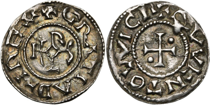 CAROLINGIENS, Charles le Chauve (840-877), AR denier, 864-877, Quentovic. D/ + G...