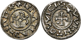 CAROLINGIENS, Charles le Chauve (840-877), AR denier, 864-877, Quentovic. D/ + GRΛTIΛ D-I REX Monogramme carolin. R/ + QVVENTOVVICI Croix pattée canto...