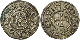 CAROLINGIENS, Charles le Chauve (840-877), AR denier, 864-877, Quentovic. D/ + GRΛTIΛ D-I REX Monogramme carolin. R/ + QVVENTOVVIC Croix pattée canton...