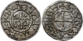CAROLINGIENS, Charles le Chauve (840-877) ou Charles le Simple (897-922), AR denier, à partir de 864, Courcessin. D/ + GRΛTIΛ D-I REX Monogramme carol...