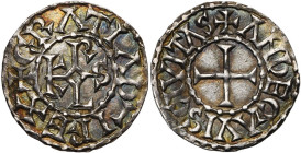 CAROLINGIENS, Charles le Chauve (840-877), AR denier, 864-877, Angers. D/ + GRΛTIΛ D-I REX Monogramme carolin. R/ + ΛNDEGΛVIS CIVITΛS Croix. M.G. 912;...