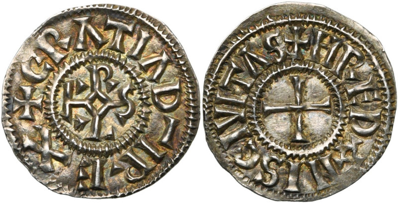 CAROLINGIENS, Charles le Chauve (840-877), AR denier, 864-877, Rennes. D/ + GRΛT...