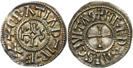 CAROLINGIENS, Charles le Chauve (840-877), AR denier, 864-877, Rennes. D/ + GRΛTIΛ D-I REX Monogramme carolin. R/ + HREDNIS CIVITΛS Croix. M.G. 1045;...