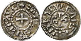 CAROLINGIENS, Charles le Chauve (840-877) ou Charles le Gros (879-887), AR denier, à partir de 876, Nevers. Au titre d'empereur. D/ + CΛRLVS IMP ΛVC C...