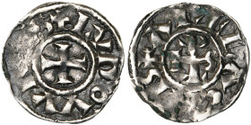 CAROLINGIENS, Louis l'Aveugle, roi de Provence (890-928), AR denier, 890-901, Arles. D/ + LVDOVVICVS Croix. R/ + ΛRELΛ CIVIS Monogramme carolin. M.G. ...