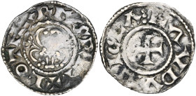 CAROLINGIENS, Lothaire (954-986), AR denier, Laon. D/ + LOTHARIVS REX Motif floral symétrique. R/ LΛVDVNI CLΛ Croix pattée. M.G. -; Prou -; Dhénin, B...