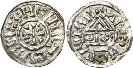 ALLEMAGNE, NABBURG, atelier royal, Heinrich II (IV) (1002-1024), AR denier au temple, 1002-1009. D/ Croix cantonnée d'un annelet, de deux coins et d'u...