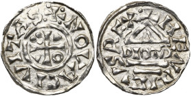 ALLEMAGNE, NEUBURG, atelier royal, Heinrich II (IV) (1002-1024), AR denier au temple, 1002-1009. D/ + NOVA CIVITAS Croix cantonnée d'un annelet, de de...