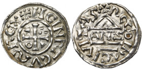 ALLEMAGNE, RATISBONNE (REGENSBURG), atelier royal, Heinrich II (IV) (1002-1024), AR denier au temple, 1002-1009. D/ Croix cantonnée d'un annelet, de d...