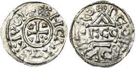 ALLEMAGNE, RATISBONNE (REGENSBURG), atelier royal, Heinrich II (IV) (1002-1024), AR denier au temple, 1002-1009. D/ Croix cantonnée d'un annelet, de d...