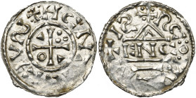 ALLEMAGNE, RATISBONNE (REGENSBURG), atelier royal, Heinrich II (IV) (1002-1024), AR denier au temple, 1002-1009. D/ Croix cantonnée d'un annelet, de d...