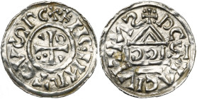 ALLEMAGNE, RATISBONNE (REGENSBURG), atelier royal, Heinrich II (IV) (1002-1024), AR denier au temple, 1002-1009. D/ Croix cantonnée d'un annelet, de d...