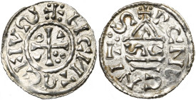 ALLEMAGNE, RATISBONNE (REGENSBURG), atelier royal, Heinrich II (IV) (1002-1024), AR denier au temple, 1002-1009. D/ Croix cantonnée d'un annelet, de d...