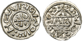 ALLEMAGNE, SALZBOURG, atelier royal, Heinrich II (IV) (1002-1024), AR denier au temple, 1002-1009. D/ Croix cantonnée d'un annelet, de deux coins et d...