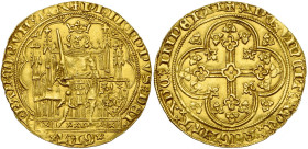 FRANCE, Royaume, Philippe VI de Valois (1328-1350), AV écu d'or à la chaise, 2e émission (avril 1343). D/ Le roi assis dans une stalle gothique, ten. ...