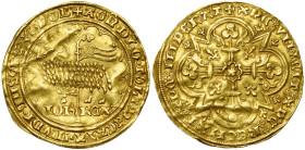 FRANCE, Royaume, Jean II le Bon (1350-1364), AV mouton d'or, janvier 1355. D/ Dans un polylobe, l'agneau pascal à g., t. à d., devant une croix avec g...