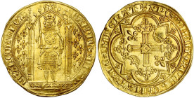 FRANCE, Royaume, Charles V (1364-1380), AV franc à pied, avril 1365. D/ Le roi deb. sous un dais, ten. l'épée et la main de justice. Champ fleurdelisé...