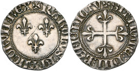 FRANCE, Royaume, Charles VI (1380-1422), AR gros aux lis, juin 1413, point 4e, Montpellier. D/ Trois lis dans le champ. R/ Croix fleurdelisée. Dupl. 3...