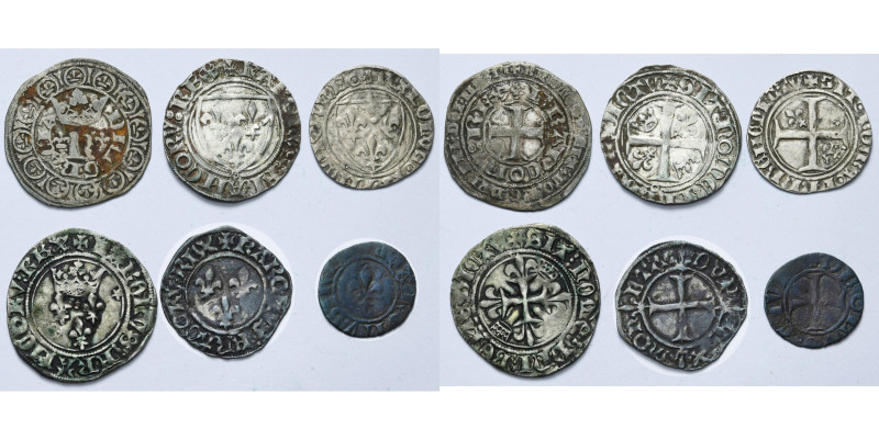 FRANCE, Royaume, lot de 6 p.: Charles V (1364-1380), blanc au K; Charles VI (138...