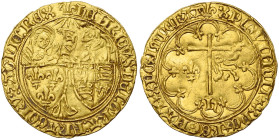 FRANCE, Royaume, Henri VI d'Angleterre (1422-1453), AV salut d'or, 2e émission (septembre 1423), Saint-Lô (lis initial). D/ L'archange Gabriel deb. de...