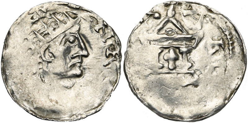 FRANCE, STRASBOURG, Henri II, roi (1002-1014), AR denier. D/ B. radié à d. R/ Eg...