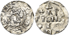 FRANCE, STRASBOURG, Henri II, roi (1002-1014), AR denier. D/ HEINR[ ] B. cour. à d. R/ Légende cruciforme ARGEN/TI-NA. Dans les angles, une croix, une...