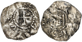 FRANCE, LORRAINE, Duché, Gérard d'Alsace (1048-1070), AR denier, Remiremont. D/ GERARDVS [DV]X Croix cantonnée de deux globules. R/ + SC PETRV[S] Mot...