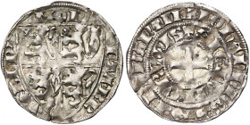 BRABANT, Duché, Jean III (1312-1355), AR demi-gros à l'écu, vers 1326-1330, Bruxelles. D/ MON-ETA· BR-VXELN' Ecu écartelé de Brabant-Limbourg. R/ Croi...