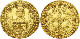BRABANT, Duché, Jeanne et Wenceslas (1355-1383), AV Pieter d'or, 1375-1381, Louvain. D/ B. de saint Pierre de f., au-dessus de l'écu écartelé de Bohêm...
