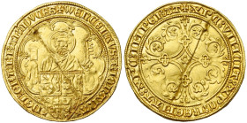 BRABANT, Duché, Jeanne et Wenceslas (1355-1383), AV Pieter d'or, 1375-1381, Louvain. D/ B. de saint Pierre de f., au-dessus de l'écu écartelé de Bohêm...