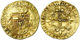 BRABANT, Duché, Charles Quint (1506-1555), AV écu d'or au soleil, 1554, Anvers. D/ Ecu couronné d'Autriche-Bourgogne, accosté de deux briquets. R/ Cro...