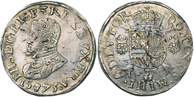 BRABANT, Duché, Philippe II (1555-1598), AR écu Philippe, 1573, Anvers. D/ B. cu...