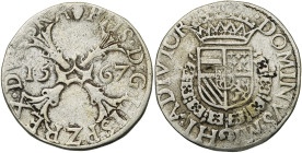 BRABANT, Duché, Philippe II (1555-1598), AR demi-écu de Bourgogne, 1567, Anvers. D/ Croix de Bourgogne, chargée d'un briquet, accostée de la date. R/ ...