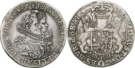 BRABANT, Duché, Albert et Isabelle (1598-1621), AR demi-ducaton, 1618, Bruxelles. D/ B. accolés des archiducs à d. R/ Ecu couronné, tenu par deux lion...
