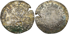 BRABANT, Duché, Charles II (1665-1700), AR patagon, 1673, Bruxelles. D/ Croix de Bourgogne sous une couronne, portant le bijou de la Toison d'or. R/ E...