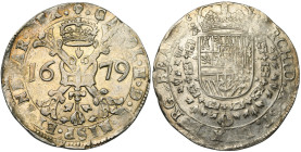 BRABANT, Duché, Charles II (1665-1700), AR patagon, 1679, Bruxelles. D/ Croix de Bourgogne sous une couronne, portant le bijou de la Toison d'or. R/ E...