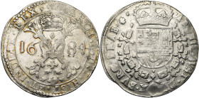 BRABANT, Duché, Charles II (1665-1700), AR patagon, 1684, Bruxelles. D/ Croix de Bourgogne sous une couronne, portant le bijou de la Toison d'or. R/ E...