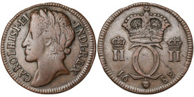 BRABANT, Duché, Charles II (1665-1700), Cu liard, 1688, Bruxelles. Nouveau type. Frappe d'essai au balancier. D/ T. l. à g. R/ Monogramme couronné ent...