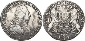 BRABANT, Duché, Philippe V (1700-1712), AR ducaton, 1703, Anvers. Deuxième type. Faible relief. D/ B. cuirassé à d., coiffé d'une perruque, portant le...