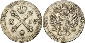 BRABANT, Duché, Marie-Thérèse (1740-1780), AR plaquette (14 liards), 1762, Bruxelles. D/ Croix de Bourgogne sous une couronne, accostée de la valeur. ...