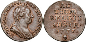 BRABANT, Duché, Marie-Thérèse (1740-1780), Cu liard, 1777, Bruxelles. D/ B. voilé à d. R/ Inscription en quatre lignes. W. 1147; VH 833. 3,65 g.

Su...