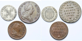 BRABANT, Duché, Joseph II (1780-1790), lot de 3 p.: 10 liards, 1789 (légère faiblesse de frappe); double liard, 1788 et liard, 1789, Bruxelles. W. 115...