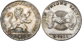 BRABANT, Duché, Etats-Belgiques-Unis (1790), AR 10 sols, 1790, Bruxelles. Premier type. D/ Lion deb. à d. R/ Deux mains serrées sortant des nuées, ten...