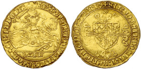 HAINAUT, Comté, Philippe le Bon (1433-1467), AV cavalier d'or, s.d. (1434), Valenciennes. D/ Le duc de Bourgogne, armé, galopant à d. A l'ex., HANN'. ...
