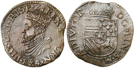 TOURNAI, Seigneurie, Philippe II (1555-1598), Cu liard, 1584. D/ B. couronné à g. R/ Ecu couronné. G.H. 232-14; Hoc 325; VH 321. 4,69 g. Flan irréguli...