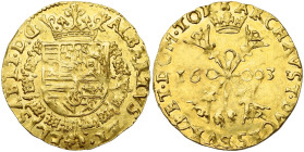 TOURNAI, Seigneurie, Albert et Isabelle (1598-1621), AV double albertin, 1603. D/ Ecu couronné, entouré du collier de la Toison d'or. R/ Croix de Bour...